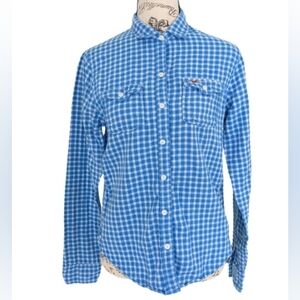Hollister men's blue plaid gingham button down shirt size XS